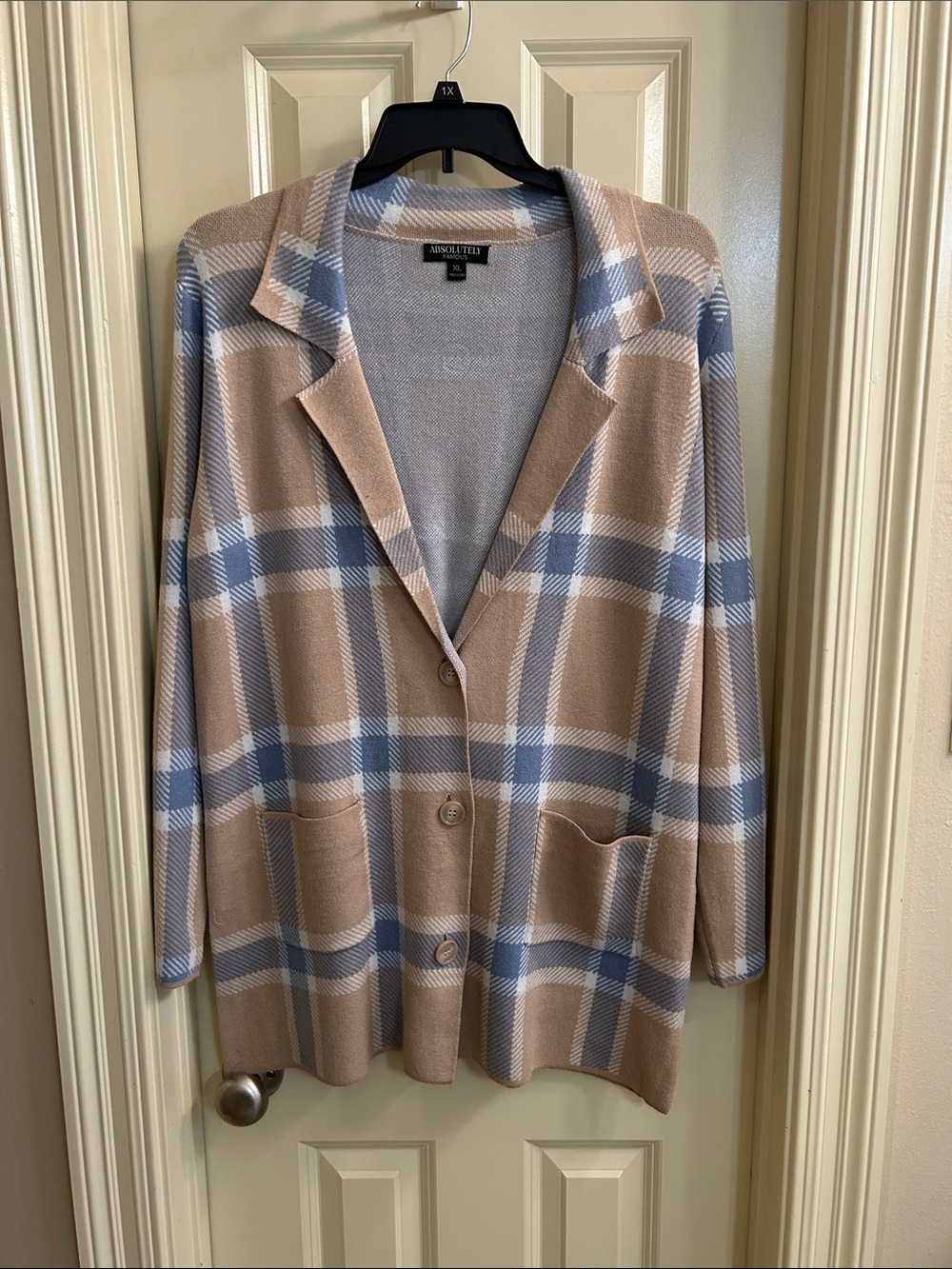 Absolutely Famous Taupe and Light Blue Plaid Knit Blazer